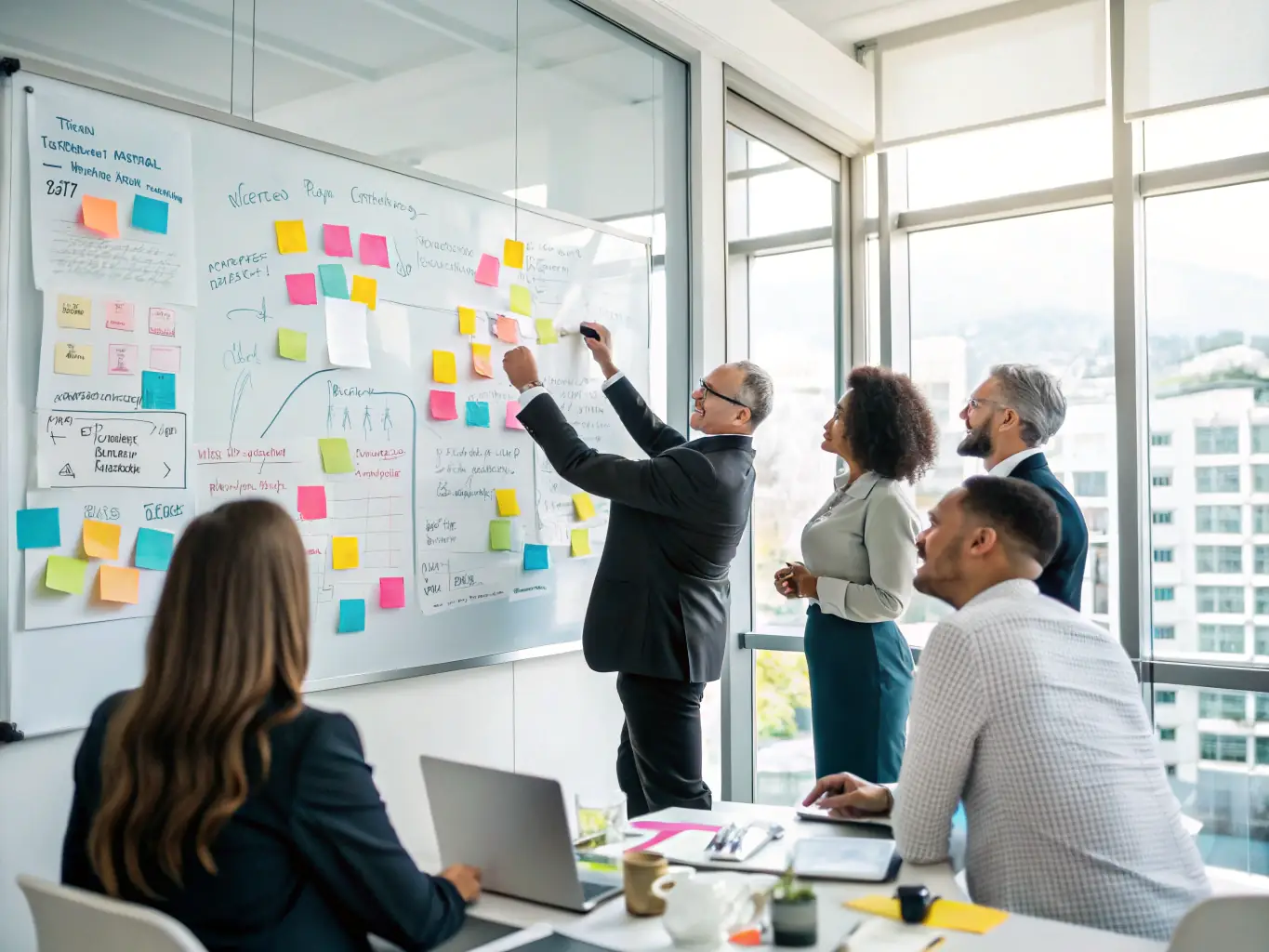 A consultant is leading a workshop with a group of business stakeholders, collaboratively defining key performance indicators and data requirements on a whiteboard. The atmosphere is collaborative and strategic.