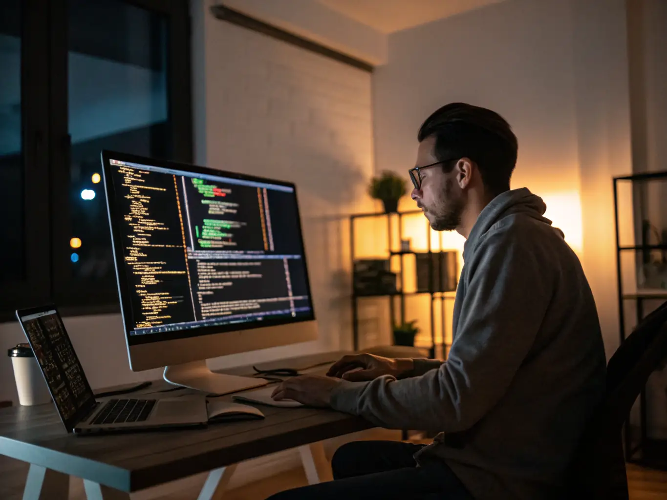 A data scientist is working on a complex statistical model on their computer, surrounded by multiple monitors displaying code and data visualizations. The atmosphere is focused and analytical.