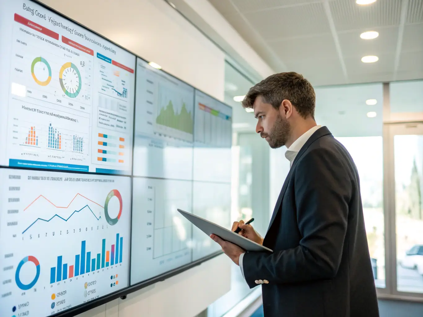 A professional analyst is presenting a dashboard on a large screen, showcasing key performance indicators and trends to a team of executives in a modern office setting. The dashboard displays visually appealing charts and graphs.